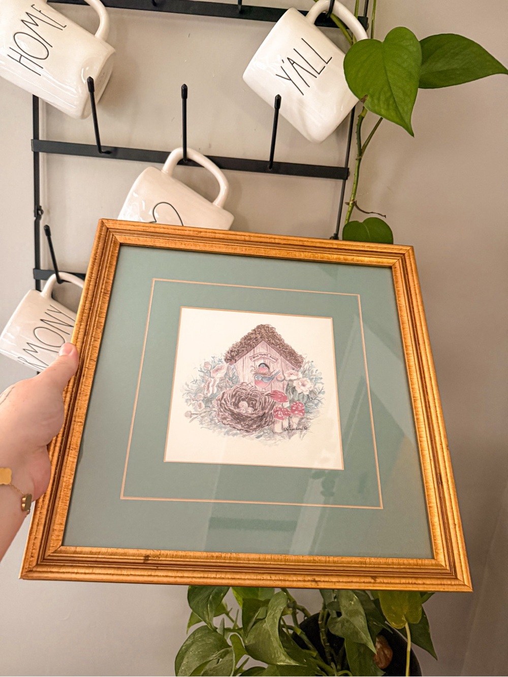 Large Square Gold Framed Glass Bird Picture With Birdhouse, Nest & Mushrooms